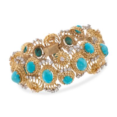 C. 1980 Vintage Turquoise and 6.25 ct. t.w. Diamond Bracelet in 18kt Yellow Gold. 7.5" &mdash; Alt Image 1