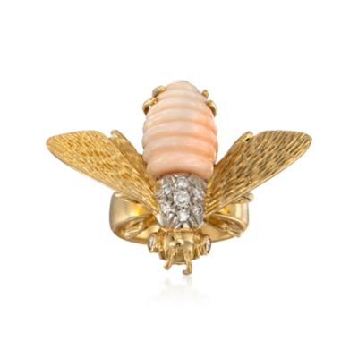 C. 1960 Vintage Carved Coral and .25 ct. t.w. Diamond Bee Ring in 18kt Yellow Gold. Size 5.5 &mdash; Alt Image 1