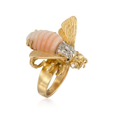 C. 1960 Vintage Carved Coral and .25 ct. t.w. Diamond Bee Ring in 18kt Yellow Gold. Size 5.5 &mdash; Alt Image 3