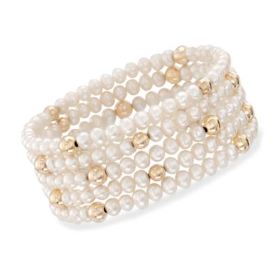 Set of Five 5-6mm Pearl Bracelets in 14kt Yellow Gold. Adjustable Size &mdash; Alt Image 1