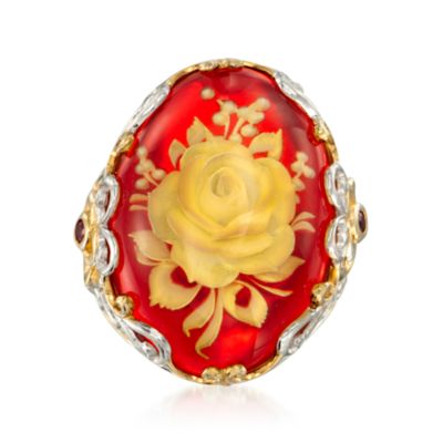 Orange Glass Floral Ring With .10 ct. t.w. Sapphires in Two-Tone &mdash; Alt Image 1