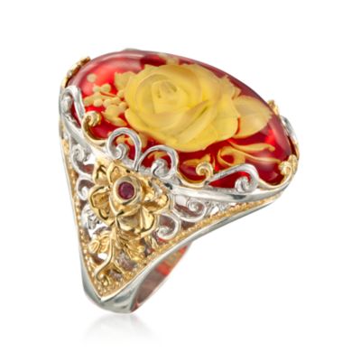 Orange Glass Floral Ring With .10 ct. t.w. Sapphires in Two-Tone &mdash; Alt Image 3