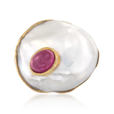 Baroque Cultured Pearl and Ruby Ring in 18kt Gold Over Sterling &mdash; Alt Image 1