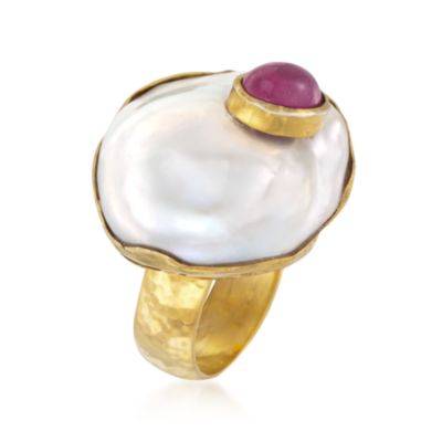 Baroque Cultured Pearl and Ruby Ring in 18kt Gold Over Sterling &mdash; Alt Image 3