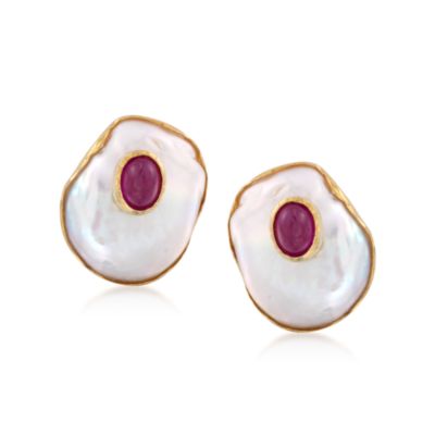 Baroque Cultured Pearl and Ruby Earrings in 18kt Over Sterling &mdash; Alt Image 1