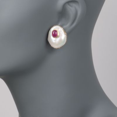 Baroque Cultured Pearl and Ruby Earrings in 18kt Over Sterling &mdash; Alt Image 2