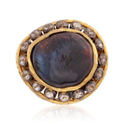 Black Baroque Cultured Pearl and White Topaz Ring in 18kt Gold Over Sterling &mdash; Alt Image 1