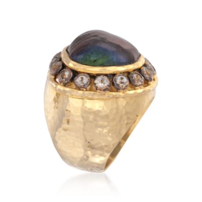 Black Baroque Cultured Pearl and White Topaz Ring in 18kt Gold Over Sterling &mdash; Alt Image 3