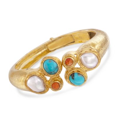 Baroque Cultured Pearl Cuff Bracelet With Turquoise and Carnelian in 18kt Over Sterling. 7" &mdash; Alt Image 1
