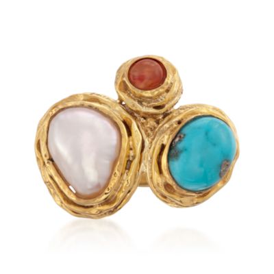 Turquoise and Baroque Cultured Pearl Ring With Carnelian in 18kt Gold Over Sterling &mdash; Alt Image 1
