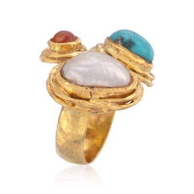 Turquoise and Baroque Cultured Pearl Ring With Carnelian in 18kt Gold Over Sterling &mdash; Alt Image 3