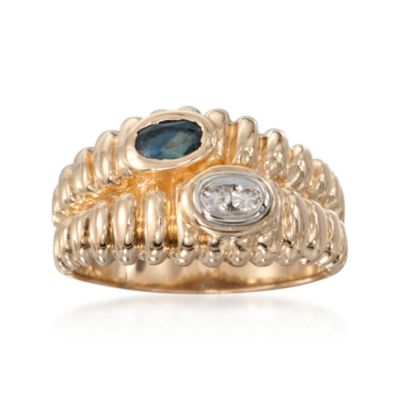 C. 1990 Vintage Sapphire and Diamond Ribbed Joined Ring in 14kt Yellow Gold. Size 6.5 &mdash; Alt Image 1