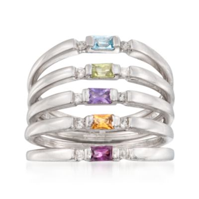 Set of Five .13 ct. t.w. Diamond and Multi-Gem Stacking Rings in Sterling Silver &mdash; Alt Image 1