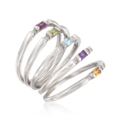 Set of Five .13 ct. t.w. Diamond and Multi-Gem Stacking Rings in Sterling Silver &mdash; Alt Image 3