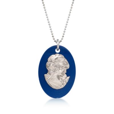 Italian Lapis Cameo Pendant Necklace in Sterling Silver. 23.50" &mdash; Alt Image 1
