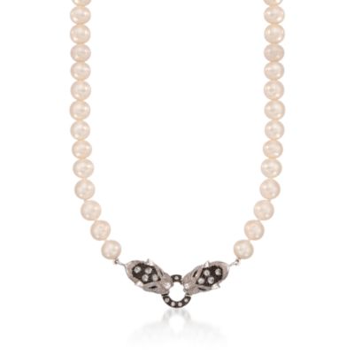Cultured Pearl and .85 ct. t.w. White Topaz Panther Heads Necklace in Sterling Silver &mdash; Alt Image 1