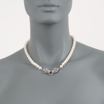 Cultured Pearl and .85 ct. t.w. White Topaz Panther Heads Necklace in Sterling Silver &mdash; Alt Image 2