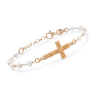 Italian Cultured Pearl Sideways Cross Bracelet in 24kt Gold Over Sterling. 7" &mdash; Alt Image 1