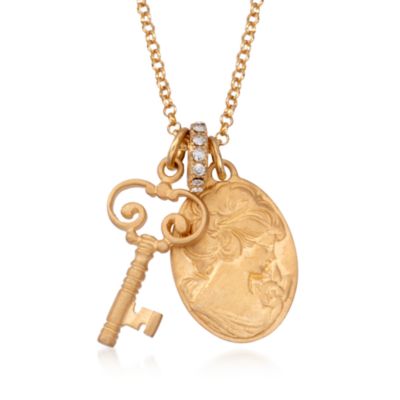.30 ct. t.w. CZ Italian Key and Cameo Necklace in 24kt Gold Over Sterling. 23.50" &mdash; Alt Image 1