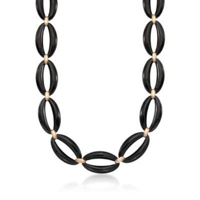 Black Agate Open Oval Link Necklace in 14kt Yellow Gold &mdash; Alt Image 1