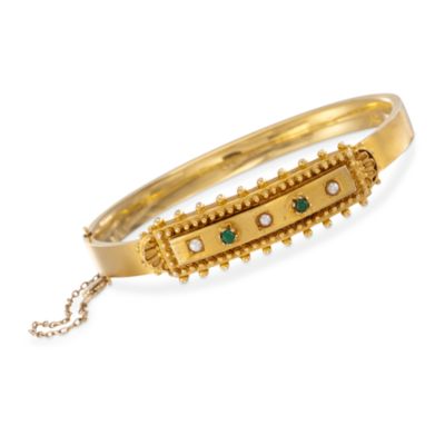 C. 1980 Vintage Green Nephrite and Cultured Pearl Bangle Bracelet in 14kt Yellow Gold. 6.5" &mdash; Alt Image 1