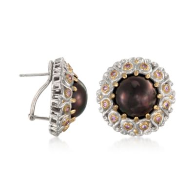 12-13mm Brown Mabe Pearl and  .45 ct. t.w. Sapphire Earrings in Two-Tone &mdash; Alt Image 3