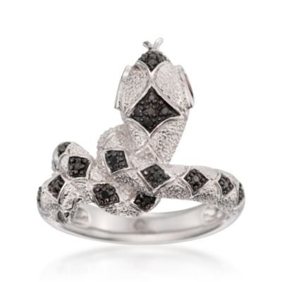 .10 ct. t.w. Black Diamond Snake Ring With .15 ct. t.w.  Garnets in Sterling Silver &mdash; Alt Image 1