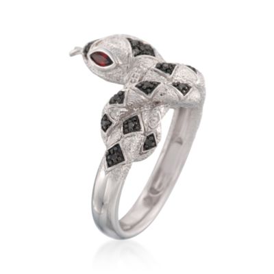 .10 ct. t.w. Black Diamond Snake Ring With .15 ct. t.w.  Garnets in Sterling Silver &mdash; Alt Image 3
