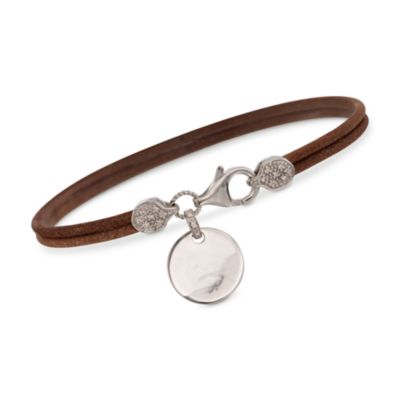 Brown Leather Disc Bracelet With Diamonds in Sterling Silver. 7" &mdash; Alt Image 1