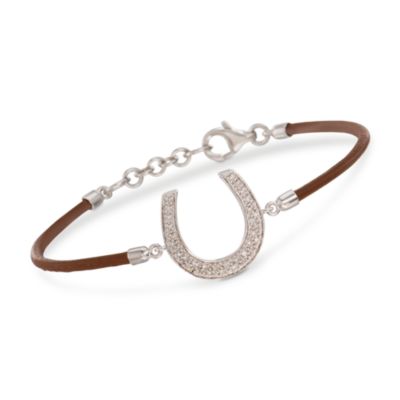 Brown Leather .10 ct. t.w. Diamond Horseshoe Charm Bracelet in Sterling Silver. 7" &mdash; Alt Image 1