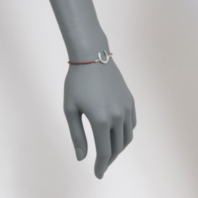 Brown Leather .10 ct. t.w. Diamond Horseshoe Charm Bracelet in Sterling Silver. 7" &mdash; Alt Image 2