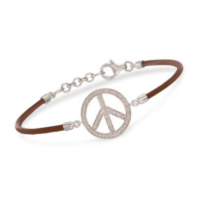Brown Leather .10 ct. t.w. Diamond Peace Sign Bracelet in Sterling Silver. 7" &mdash; Alt Image 1