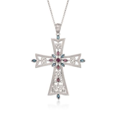 1.35 ct. t.w. Rhodolite and 1.75 ct. t.w. Blue Topaz Cross Necklace in Sterling Silver. 18" &mdash; Alt Image 1