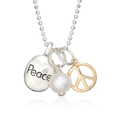 Cultured Pearl and Peace Necklace in Two-Tone. 18" &mdash; Alt Image 1