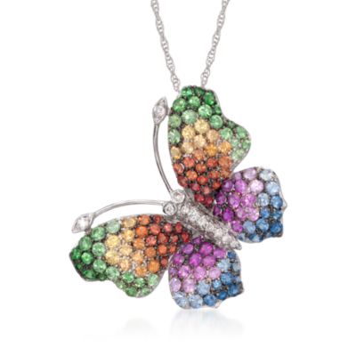 2.30 ct. t.w. Multicolored Sapphire and .12 ct. t.w. Diamond Butterfly Necklace in 14kt White Gold. 18" &mdash; Alt Image 1