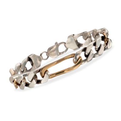 C. 1990 Vintage Men's Sterling Silver and 14kt Yellow Gold Figaro Link Bracelet. 8.75" &mdash; Alt Image 1