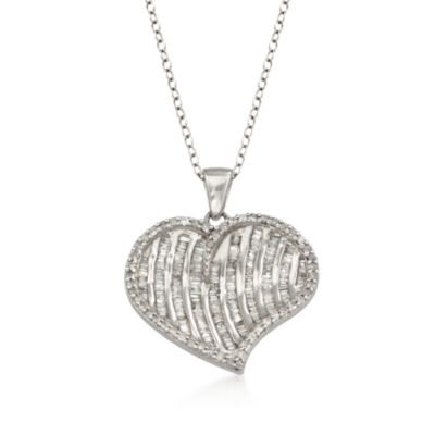 1.00 ct. t.w. Baguette and Round Diamond Heart Necklace in Sterling Silver. 18" &mdash; Alt Image 1
