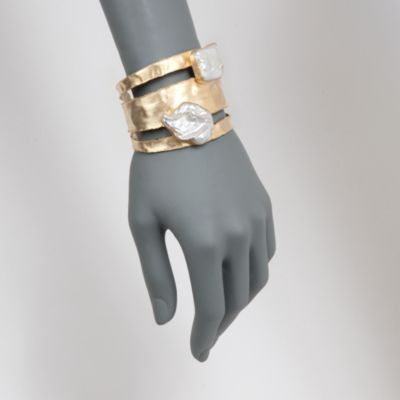Baroque Pearl Double Open Hammered Cuff Bracelet in 14kt Gold Over Sterling. 8" &mdash; Alt Image 2