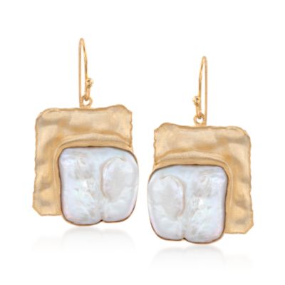 Baroque Pearl Hammered Drop Earrings in 14kt Gold Over Sterling  &mdash; Alt Image 1