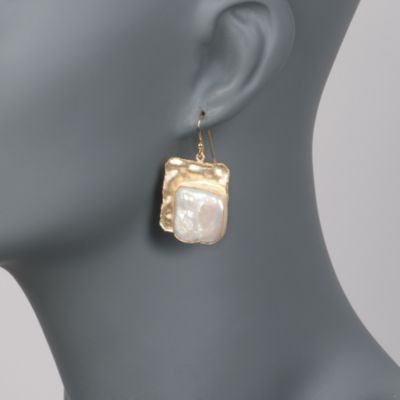 Baroque Pearl Hammered Drop Earrings in 14kt Gold Over Sterling  &mdash; Alt Image 2