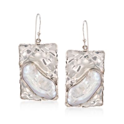 Baroque Pearl Hammered Drop Earrings in Sterling Silver &mdash; Alt Image 1