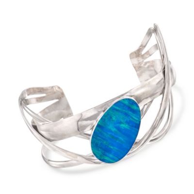 Faux Blue Opal Statement Cuff Bracelet in Sterling Silver. 8" &mdash; Alt Image 1