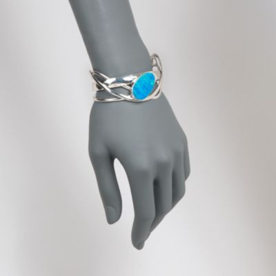 Faux Blue Opal Statement Cuff Bracelet in Sterling Silver. 8" &mdash; Alt Image 2