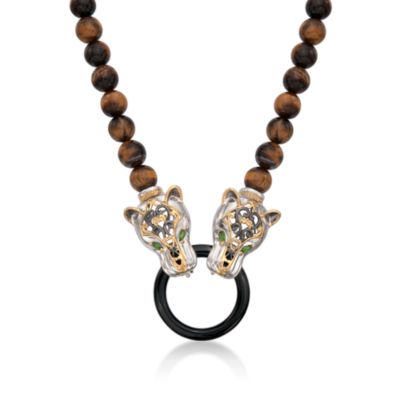 Tiger's Eye Bead Panther Necklace With Black Onyx and .80 ct. t.w. Diopside in Two-Tone. 18" &mdash; Alt Image 1