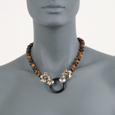 Tiger's Eye Bead Panther Necklace With Black Onyx and .80 ct. t.w. Diopside in Two-Tone. 18" &mdash; Alt Image 2
