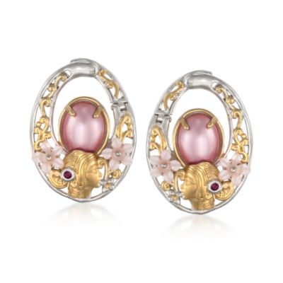 Pink Pearl Hoop Earrings With Rubies in Two-Tone &mdash; Alt Image 1