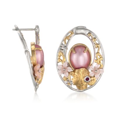 Pink Pearl Hoop Earrings With Rubies in Two-Tone &mdash; Alt Image 3
