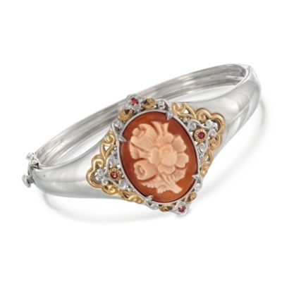 Carved Shell Floral Cameo Bangle Bracelet With .15 ct. t.w. Sapphires in Two-Tone. 7" &mdash; Alt Image 1