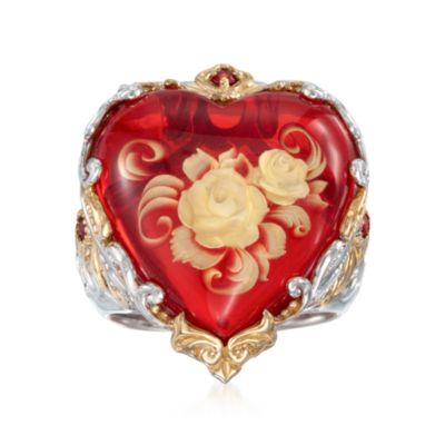 Orange Glass Floral Heart Ring With .14 ct. t.w. Sapphires in Two-Tone. Size 6 &mdash; Alt Image 1