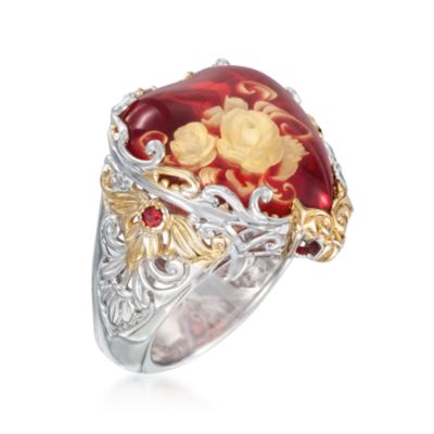 Orange Glass Floral Heart Ring With .14 ct. t.w. Sapphires in Two-Tone. Size 6 &mdash; Alt Image 3